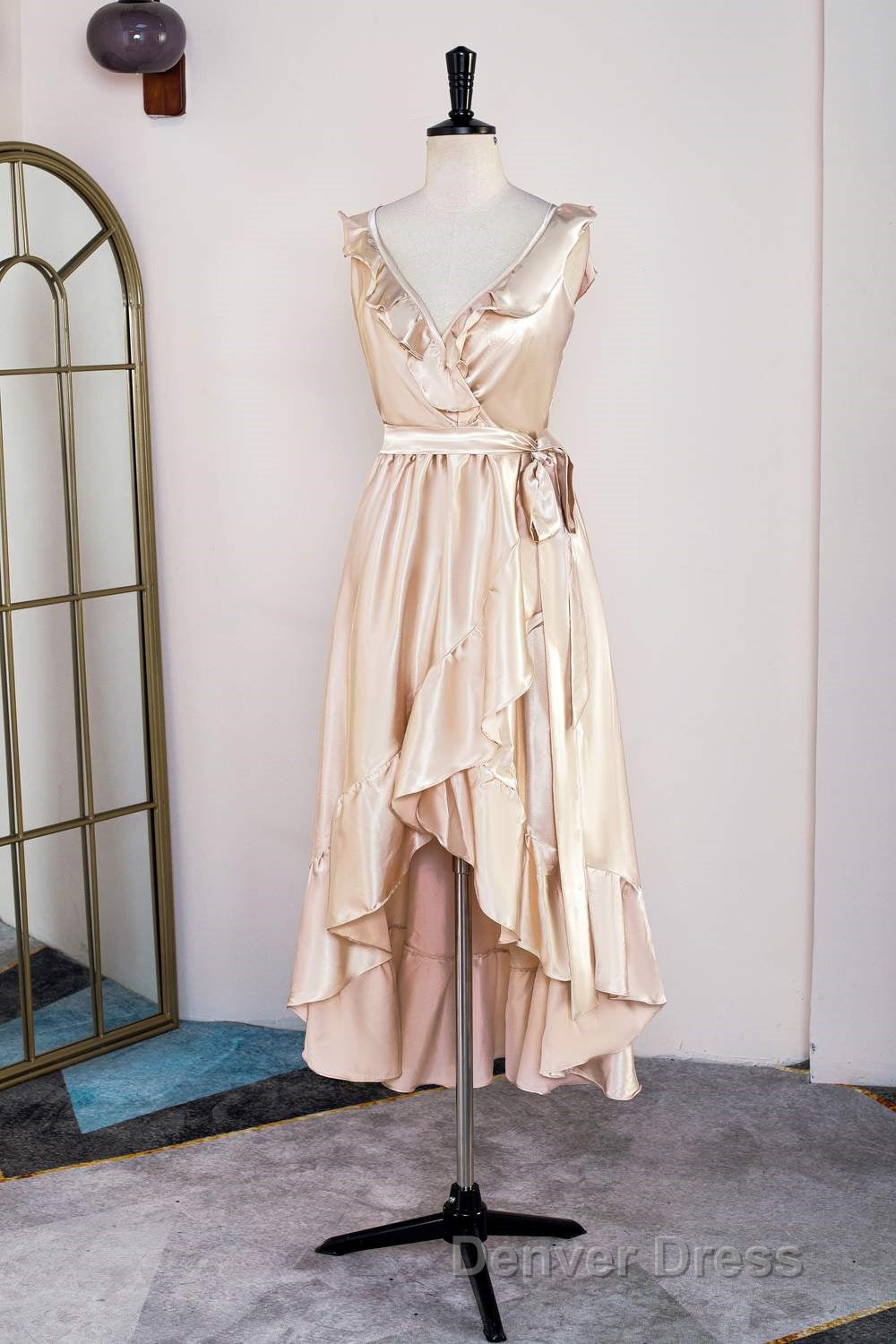 Champagne Ruffled Faux Wrapped A Line Hi Low Bridesmaid Dresses with Sash Secondary image