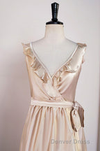 Champagne Ruffled Faux Wrapped A Line Hi Low Bridesmaid Dresses with Sash