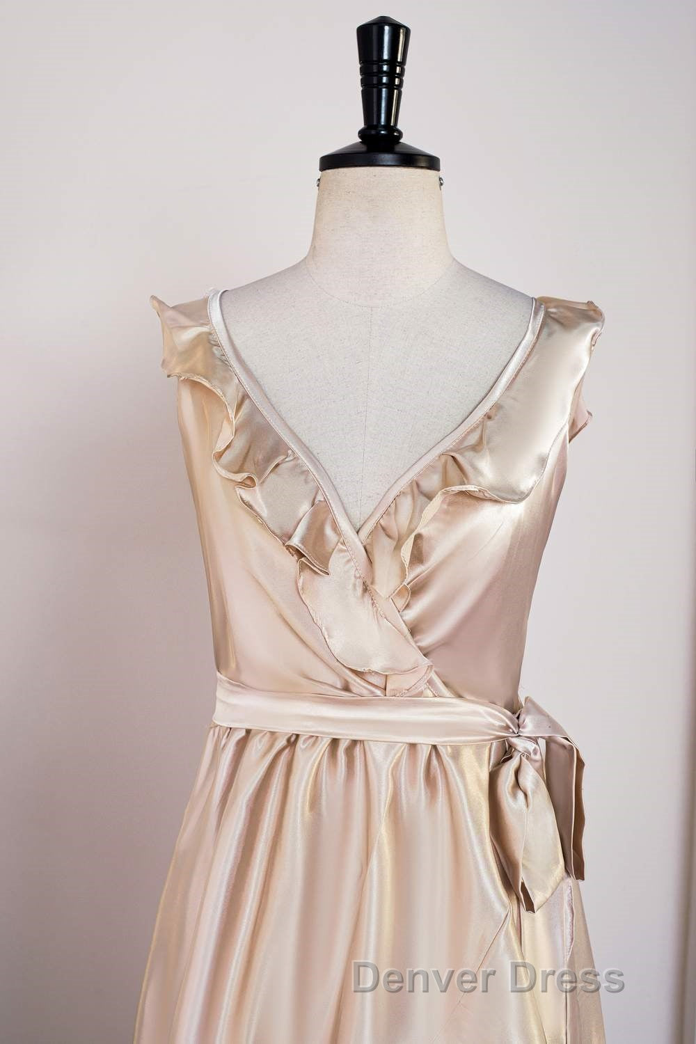 Champagne Ruffled Faux Wrapped A Line Hi Low Bridesmaid Dresses with Sash