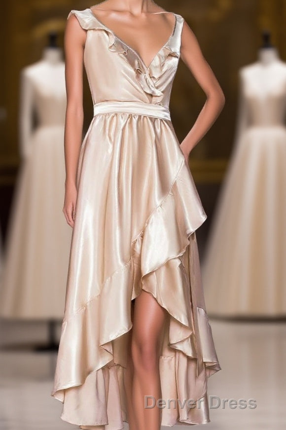 Champagne Ruffled Faux Wrapped A Line Hi Low Bridesmaid Dresses with Sash Main image