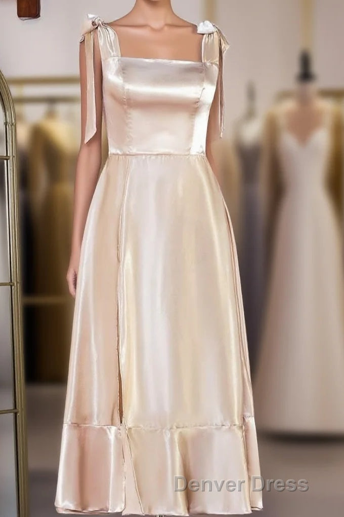 Champagne Bow Tie Straps A Line Satin Tea Length Bridesmaid Dresses