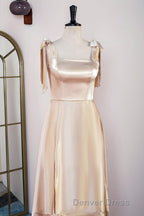 Champagne Bow Tie Straps A Line Satin Tea Length Bridesmaid Dresses