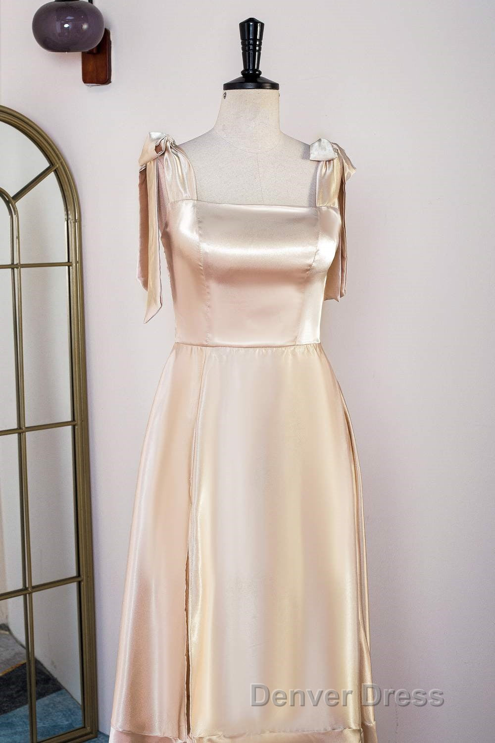 Champagne Bow Tie Straps A Line Satin Tea Length Bridesmaid Dresses