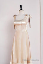 Champagne Bow Tie Straps A Line Satin Tea Length Bridesmaid Dresses