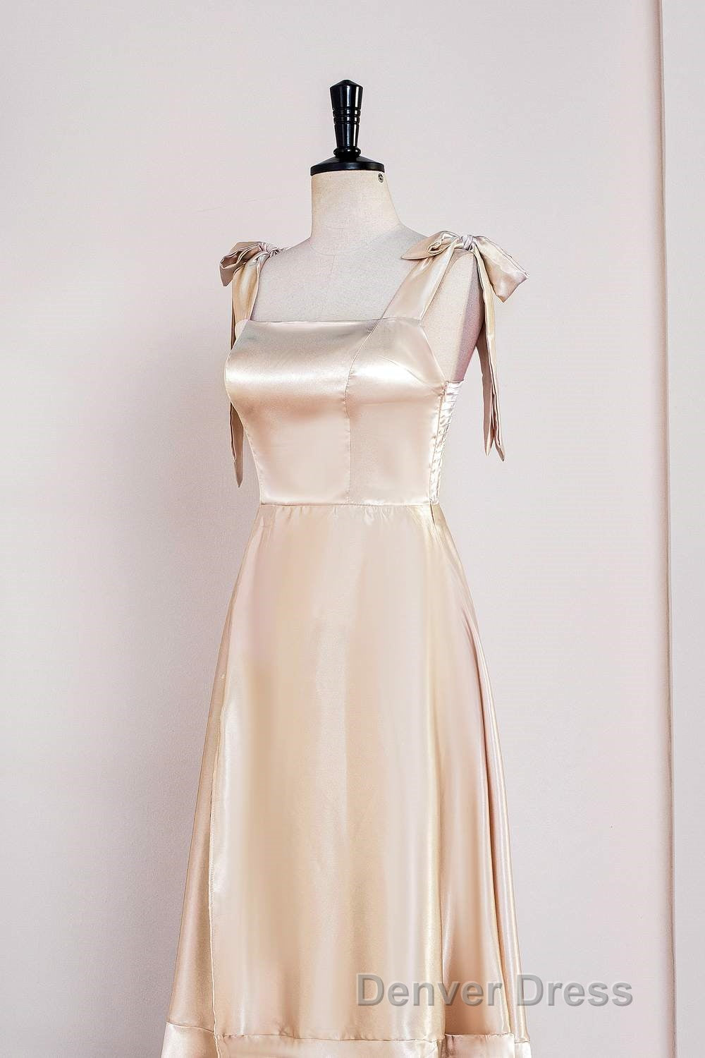 Champagne Bow Tie Straps A Line Satin Tea Length Bridesmaid Dresses