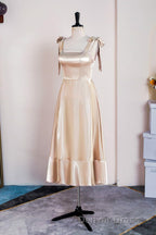 Champagne Bow Tie Straps A Line Satin Tea Length Bridesmaid Dresses