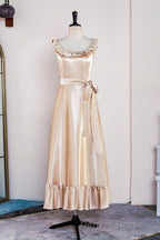Champagne Sleeveless Ruffled A Line Tea Length Bridesmaid Dresses with Sash
