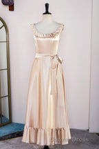 Champagne Sleeveless Ruffled A Line Tea Length Bridesmaid Dresses with Sash