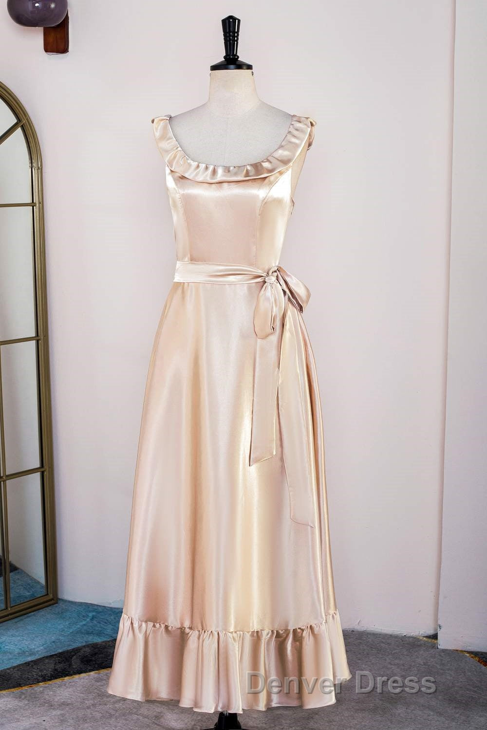 Champagne Sleeveless Ruffled A Line Tea Length Bridesmaid Dresses with Sash