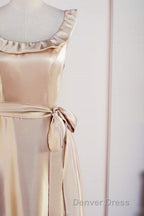 Champagne Sleeveless Ruffled A Line Tea Length Bridesmaid Dresses with Sash
