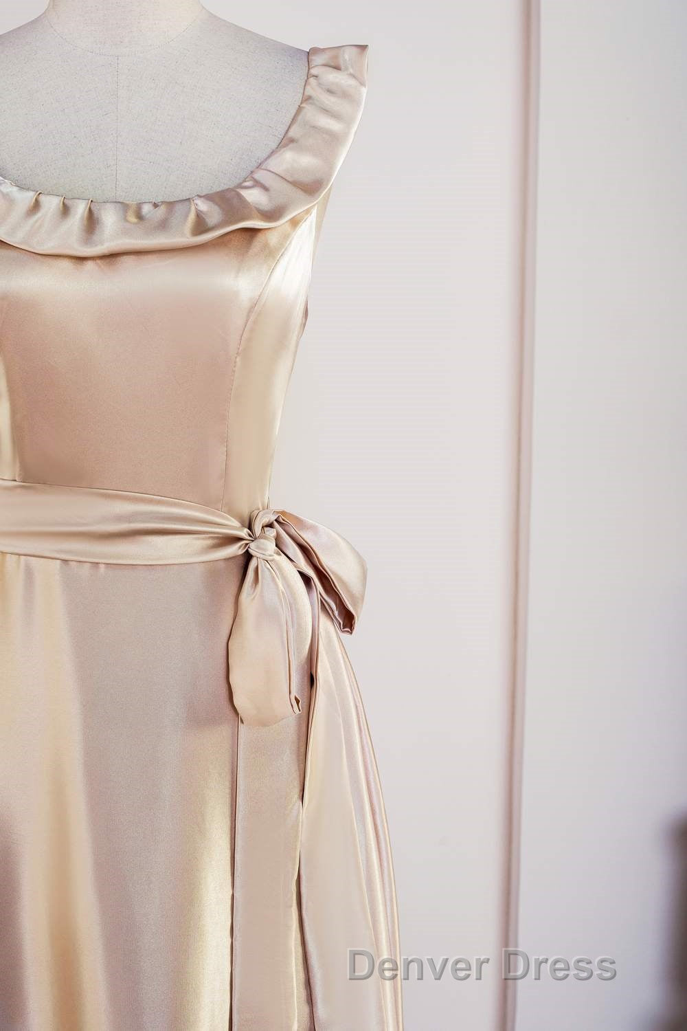 Champagne Sleeveless Ruffled A Line Tea Length Bridesmaid Dresses with Sash