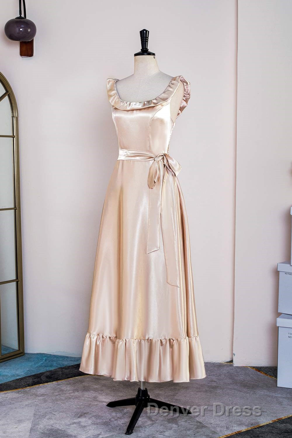 Champagne Sleeveless Ruffled A Line Tea Length Bridesmaid Dresses with Sash