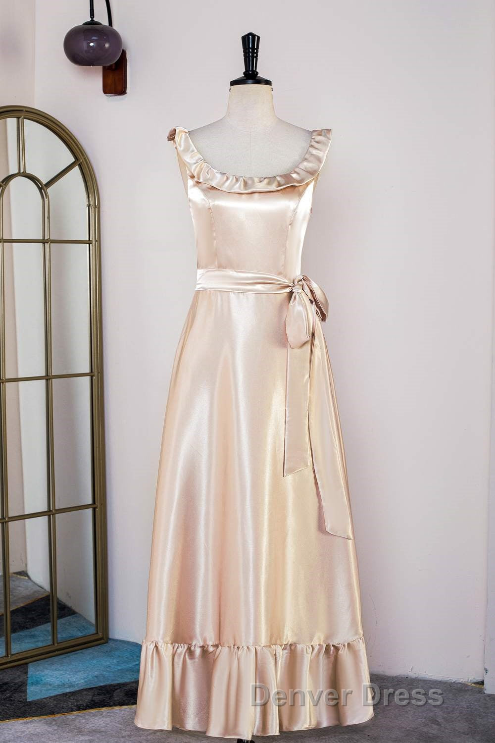 Champagne Sleeveless Ruffled A Line Tea Length Bridesmaid Dresses with Sash