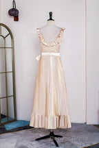 Champagne Sleeveless Ruffled A Line Tea Length Bridesmaid Dresses with Sash
