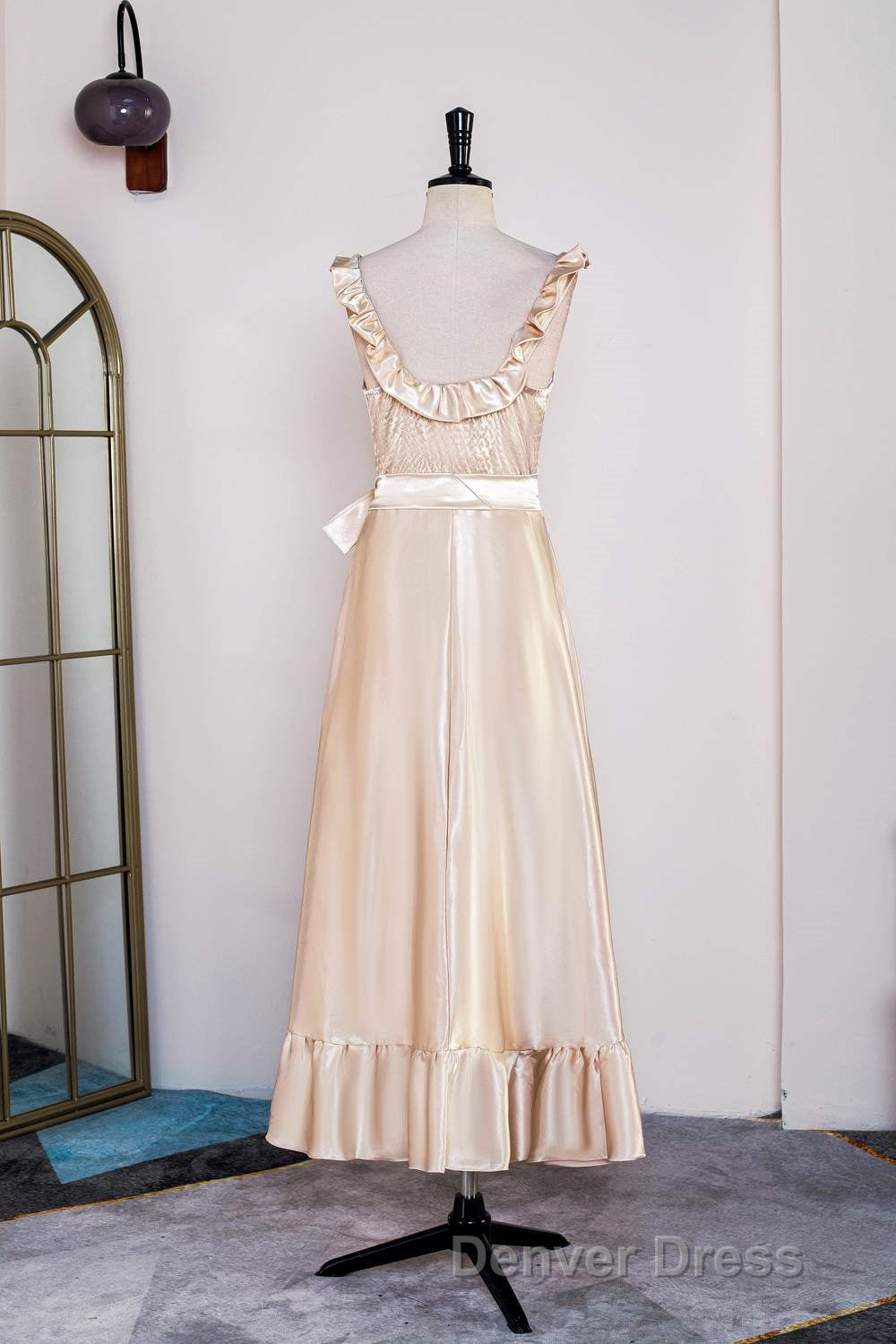 Champagne Sleeveless Ruffled A Line Tea Length Bridesmaid Dresses with Sash