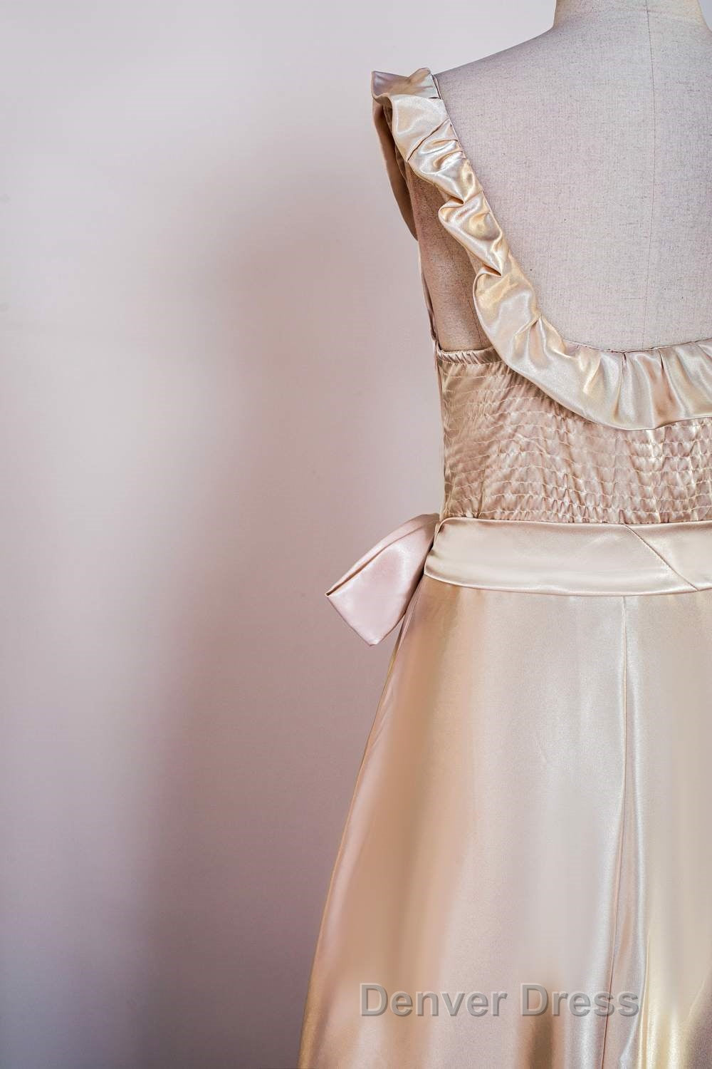 Champagne Sleeveless Ruffled A Line Tea Length Bridesmaid Dresses with Sash