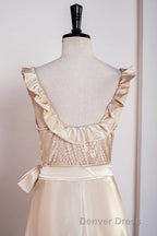 Champagne Sleeveless Ruffled A Line Tea Length Bridesmaid Dresses with Sash