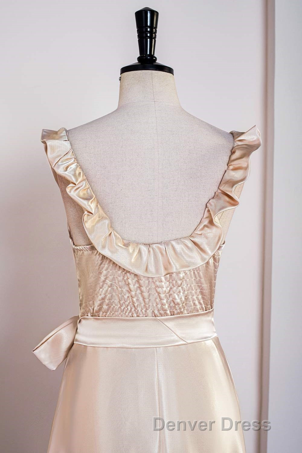 Champagne Sleeveless Ruffled A Line Tea Length Bridesmaid Dresses with Sash