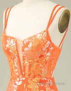 Orange Double Spaghetti Straps Glitter SequinTight Homecoming Dresses