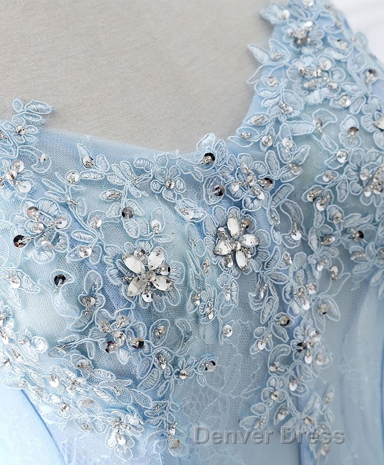 Light Blue Tulle Lace Long Prom Dress