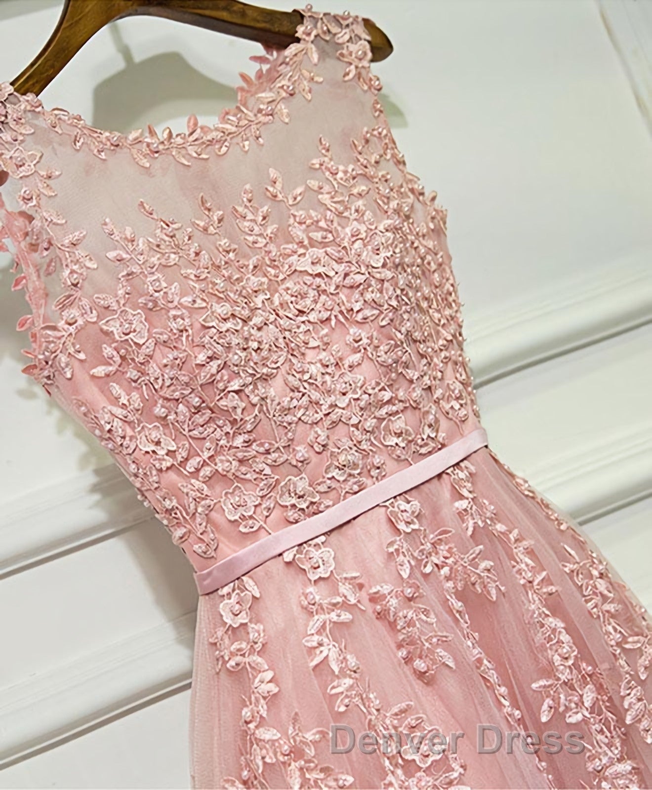 Pink Lace Tulle Long A Line Prom Dress, Pink Prom Dresses, 1