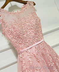 Pink Lace Tulle Long A Line Prom Dresses, Pink Evening Dresses, 1