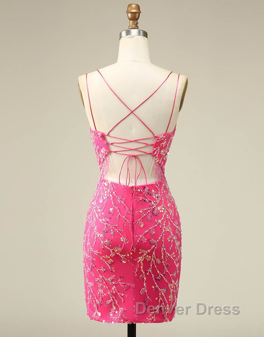 Gorgeous Sparkly Double Spaghetti Straps Tight Homecoming Dresses With Fringe