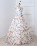 White V Neck 3D Flowers Long Prom Dress, White Prom Dresses