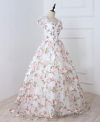 White V Neck 3D Flowers Long Prom Dresses, White Evening Dresses