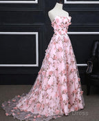 Pink Tulle 3D Flowers Long Prom Dress, Pink Prom Dresses