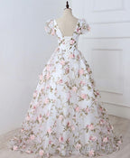 White V Neck 3D Flowers Long Prom Dresses, White Evening Dresses