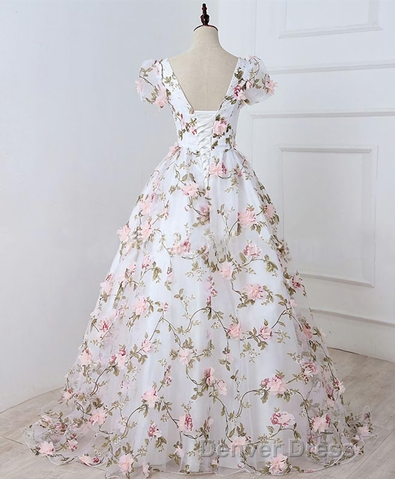 White V Neck 3D Flowers Long Prom Dresses, White Evening Dresses