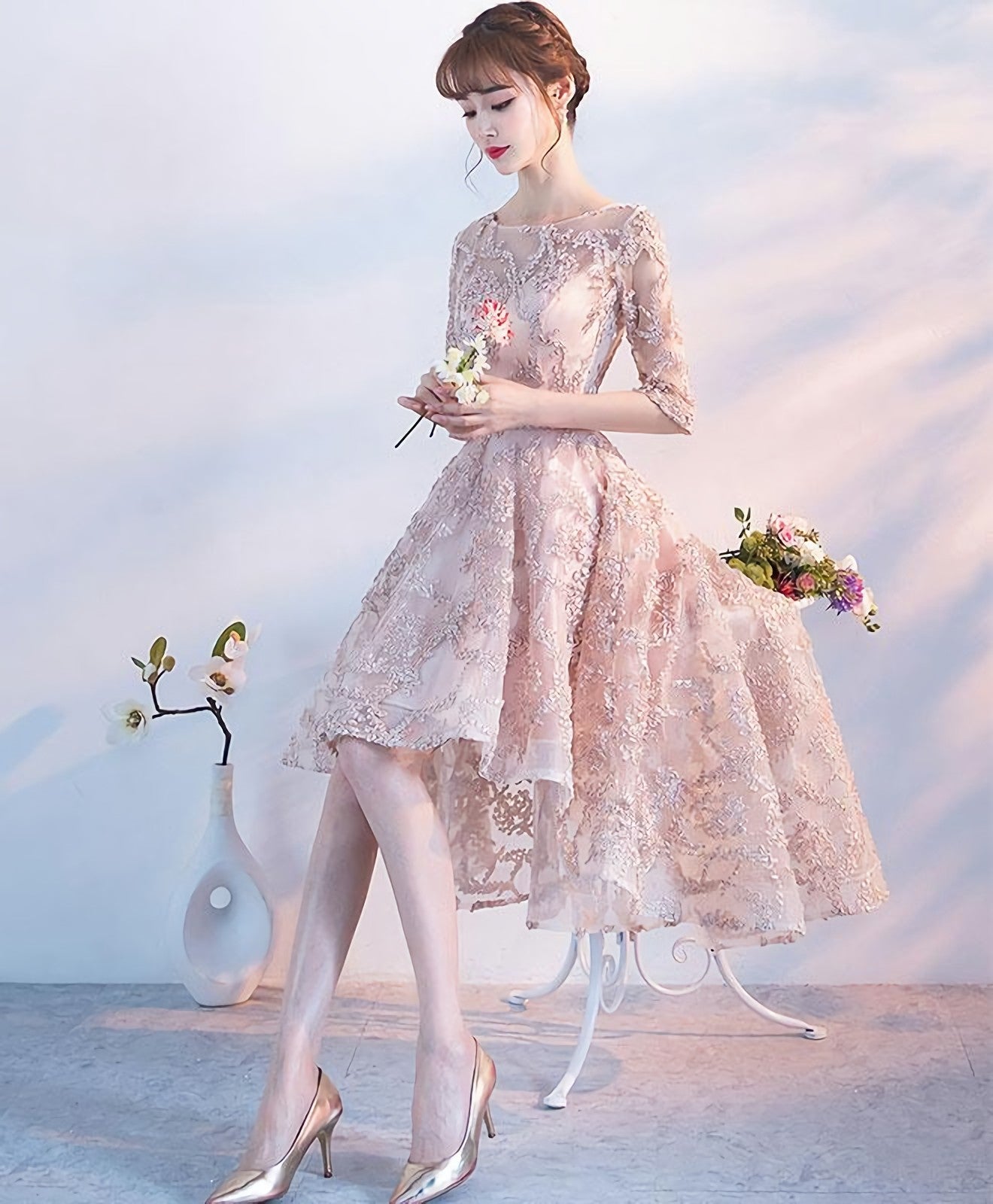 Champagne 1 2 Sleeve High Low Short Prom Dress Homecoming Dresses – Denver  Dress
