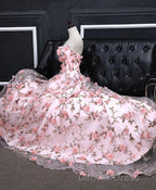 Pink Tulle 3D Flowers Long Prom Dress, Pink Prom Dresses