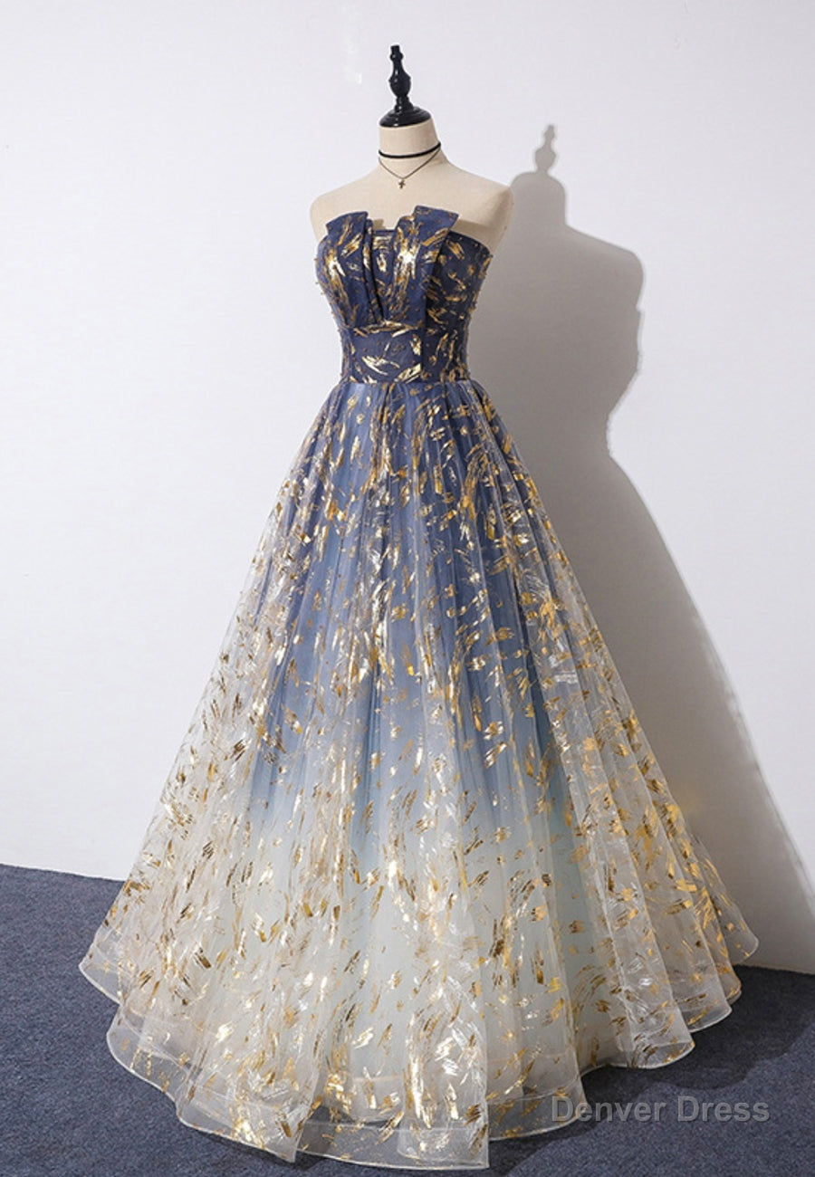 A-Line Strapless Tulle Long Prom Dresses, Cute Evening Party Dresses Main image