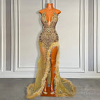 Gold Sleeveless Mermaid Prom Dresses with Sequins High Slit and Feather Beadings