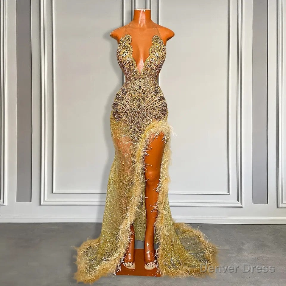 Gold Sleeveless Mermaid Prom Dresses with Sequins High Slit and Feather Beadings