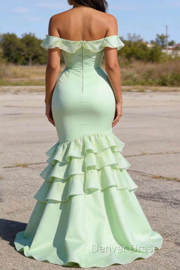 Sage Green Prom Dress Ruffled Long Prom Dresses Corset