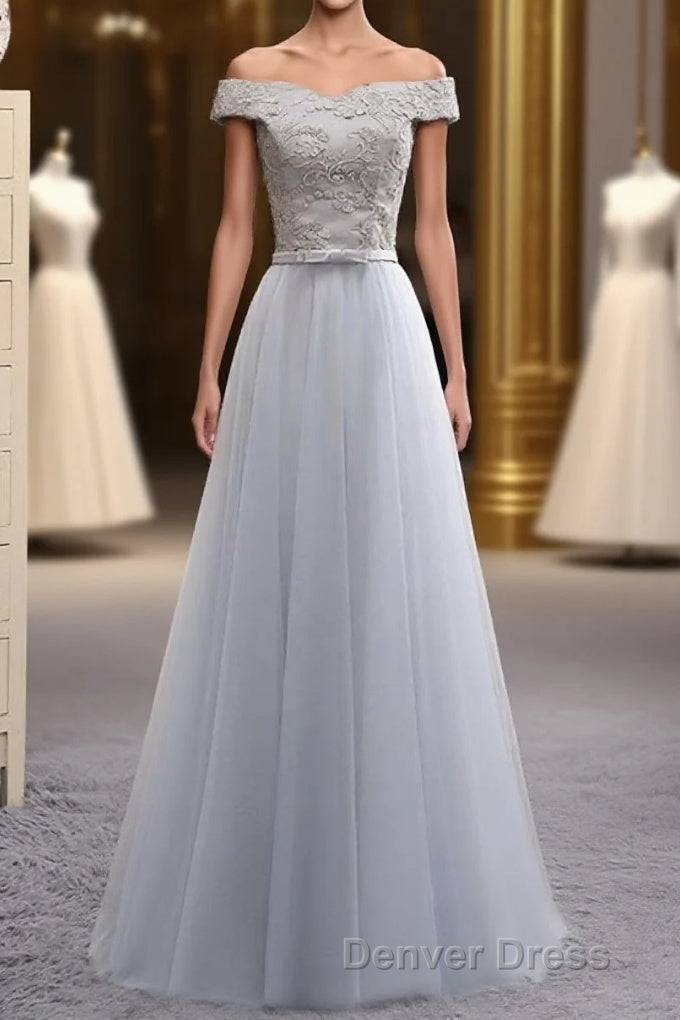 A Line Lace Tulle Off Shoulder Long Prom Dresses, Evening Dresses Main image
