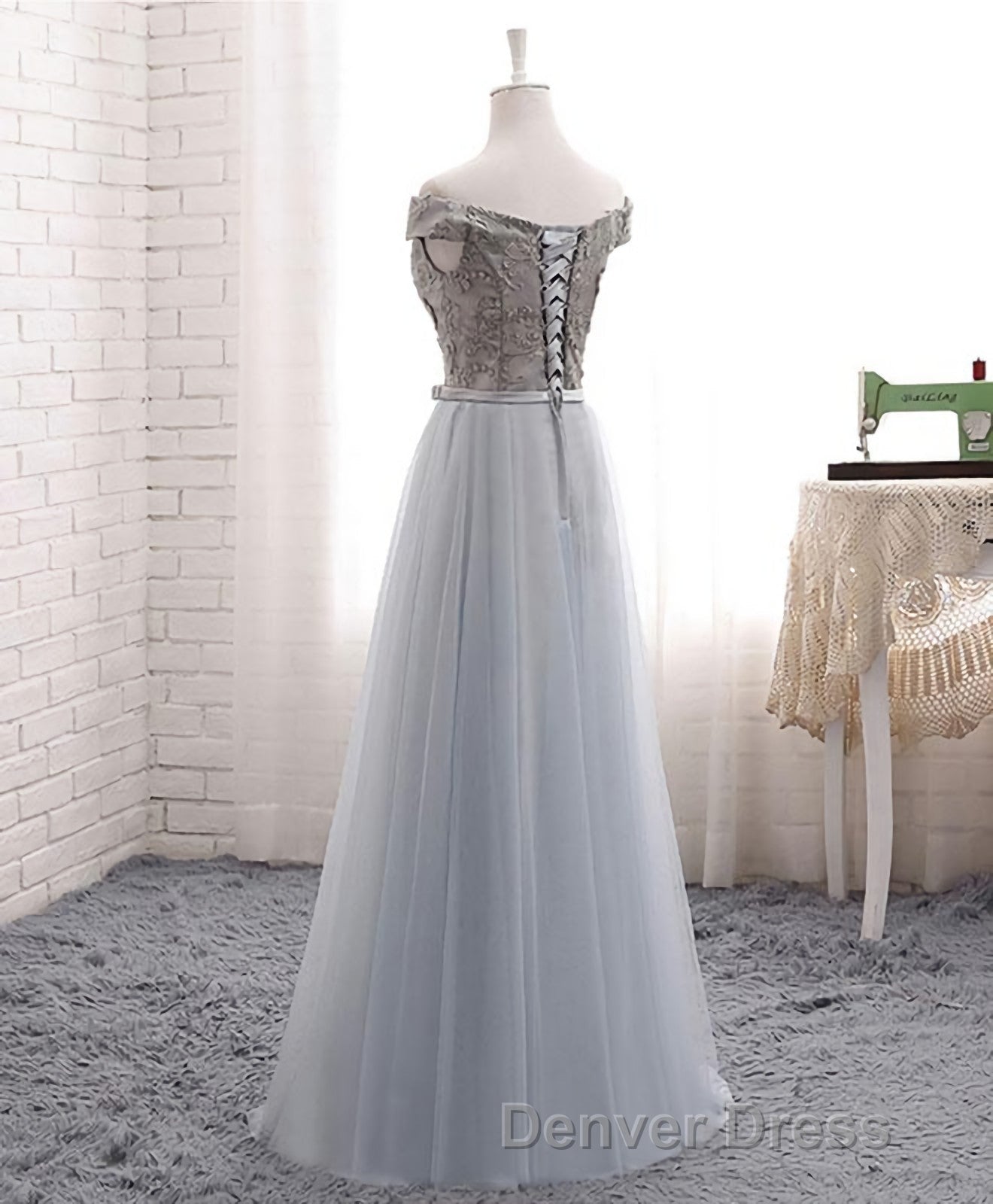 A Line Lace Tulle Off Shoulder Long Prom Dress