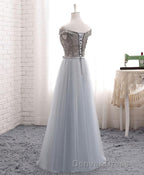 A Line Lace Tulle Off Shoulder Long Prom Dresses, Evening Dresses