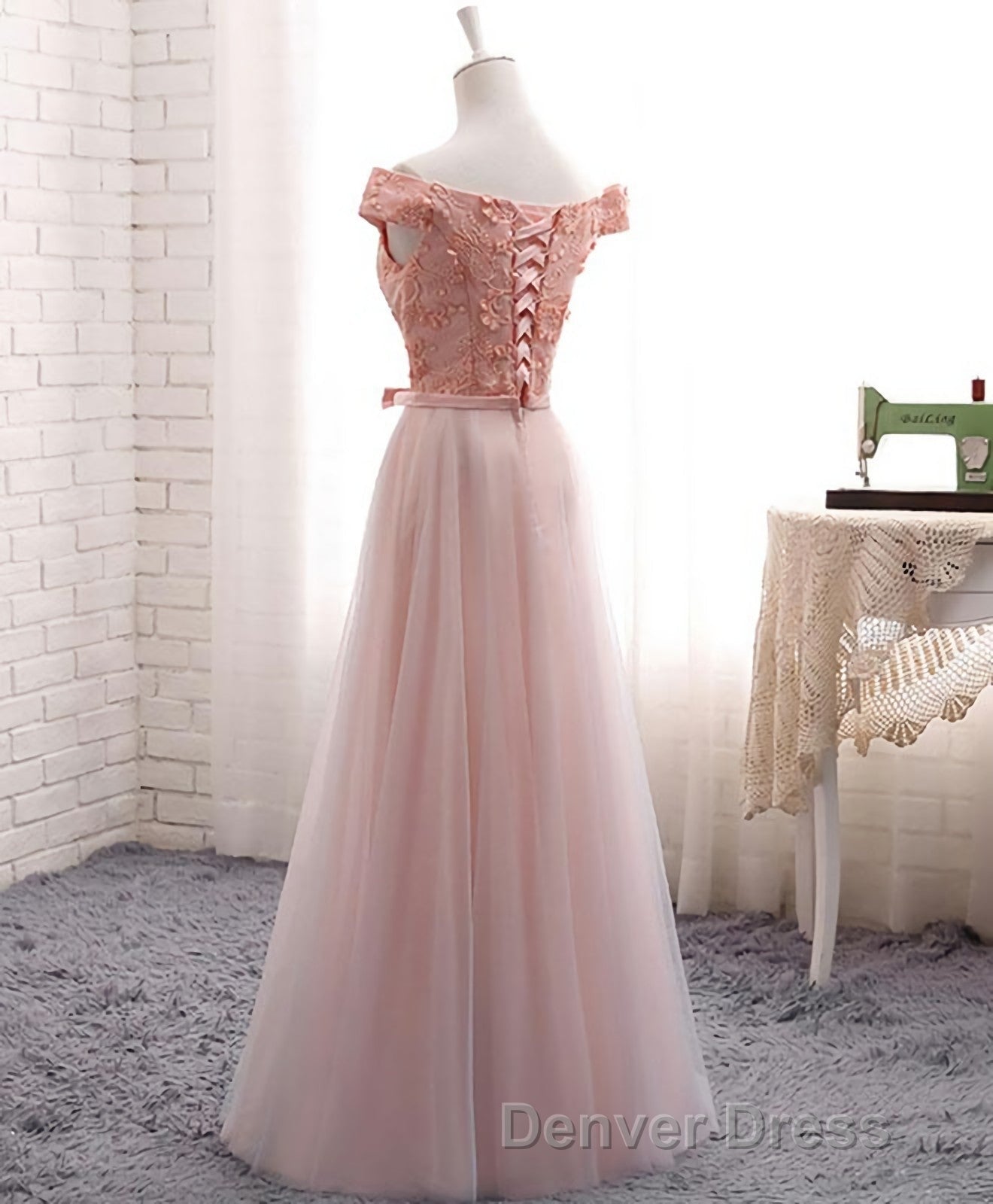 A Line Lace Tulle Off Shoulder Long Prom Dresses, Evening Dresses Secondary image