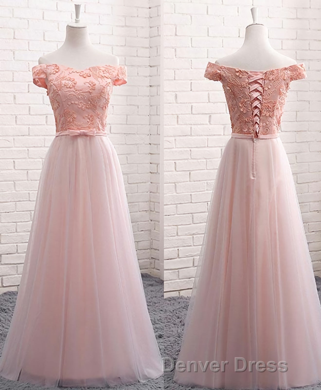 A Line Lace Tulle Off Shoulder Long Prom Dresses, Evening Dresses