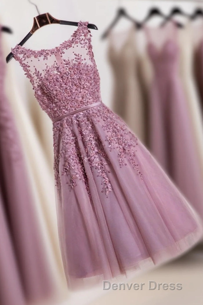 Cute Pink Lace Tulle Short Prom Dresses, Pink Evening Dresses Main image