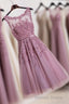 Cute Pink Lace Tulle Short Prom Dresses, Pink Evening Dresses