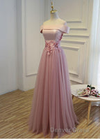 Pink A Line Off Shoulder Floor Length Prom Dress, Lace Prom Dresses