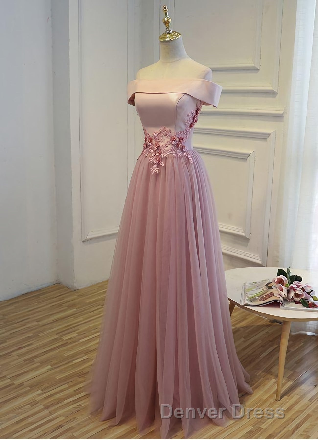 Pink A Line Off Shoulder Floor Length Prom Dress, Lace Prom Dresses
