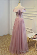 Pink A Line Off Shoulder Floor Length Prom Dress, Lace Prom Dresses