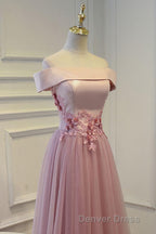 Pink A Line Off Shoulder Floor Length Prom Dress, Lace Prom Dresses