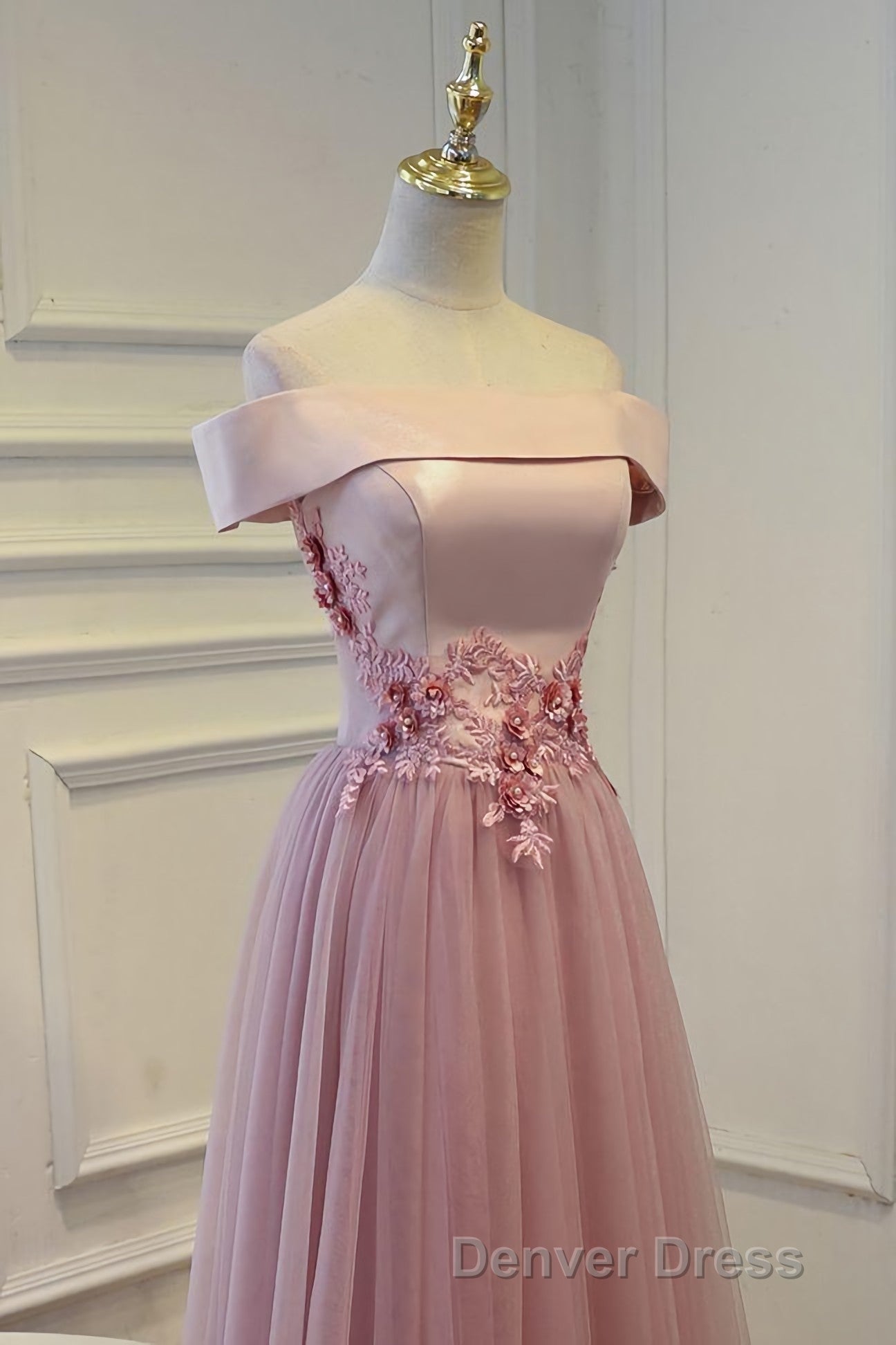 Pink A Line Off Shoulder Floor Length Prom Dress, Lace Prom Dresses